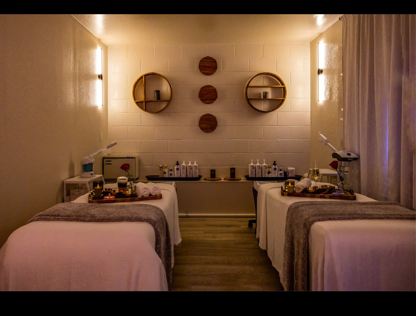 Hannah Beauty & Spa Placerville &mdash; Korean facial and Japanese head spa room with paired facial beds, K-Beauty skincare, and warm ambient lighting